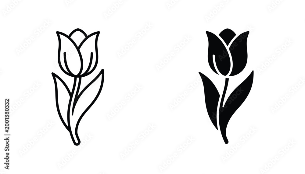 Fototapeta premium Tulip flower icon set featuring line art and solid black silhouette styles for floral design and spring season graphics