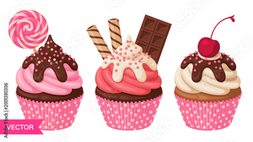 Colorful cartoon desserts with ice cream and cake toppings Vector