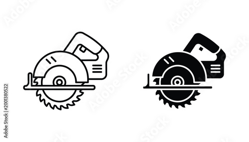 Circular saw power tool icon in outline and solid black styles for construction and DIY home improvement branding