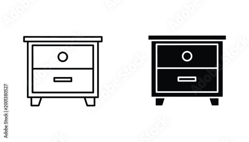 Nightstand furniture icon in outline and solid black styles for interior design and home furniture catalog graphics