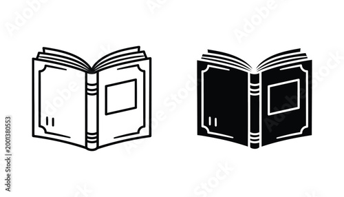 Open book icon set featuring line art and solid black graphic style for education and library design projects