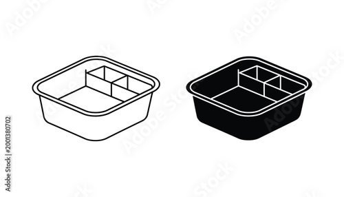 Empty bento box container with three compartments vector icon set in outline and solid black style for food storage concepts