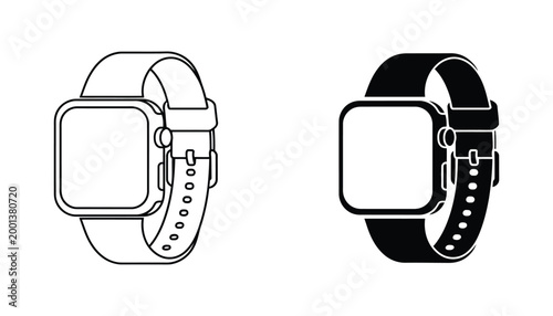 Modern smartwatch wearable device icon set with blank screen in outline and solid black silhouette for technology branding