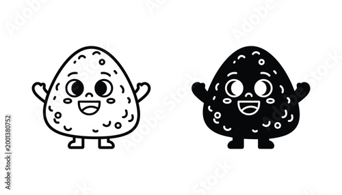 Happy onigiri rice ball character mascot set in outline and solid black silhouette for Japanese food branding and illustration