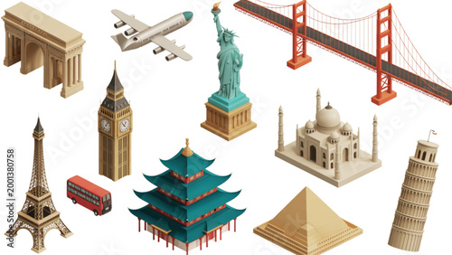Colorful collection of hanging decorative ornaments and architectural models Vector