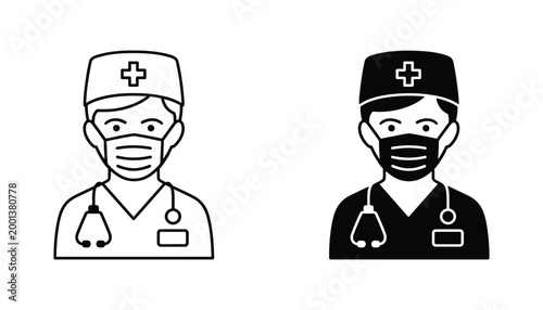 Professional doctor or surgeon avatar icon set with medical cap and face mask in linear and solid black styles