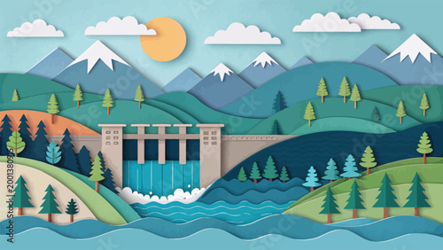 Paper cut style illustration of a vibrant mountain landscape with a hydroelectric dam, forests, and a flowing river