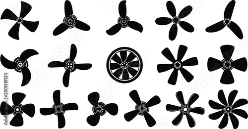 Set of black fan blades and propeller silhouettes with various shapes isolated on white background industrial ventilation and cooling design vector illustration