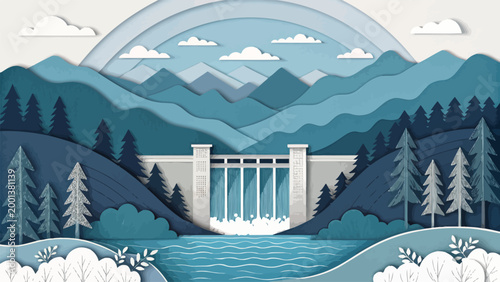 Hydroelectric dam in mountain landscape paper cut art style illustration, renewable energy concept with water waterfall, forest trees and blue mountains