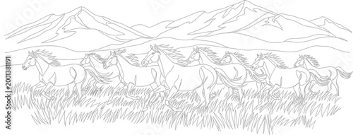 A captivating line art drawing showcases a powerful herd of wild horses galloping gracefully across a vast grassy field, with majestic mountains in the serene background.