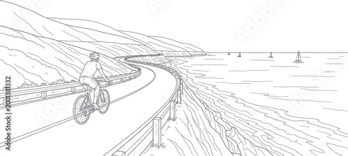 Cyclist riding a road bike on a picturesque winding coastal highway with rolling hills and distant sailboats dotting the serene ocean water.