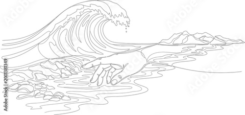 Striking single line illustration capturing a dramatic ocean wave and a human hand engaging with the serene water's edge, with distant mountains defining the landscape.