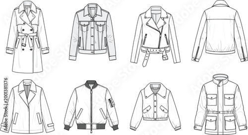 Foto Women jacket and outerwear technical flat sketches collection featuring trench c