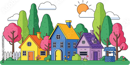Colorful suburban houses illustration with trees garden fence and sunny landscape cozy neighborhood vector design for residential living concept
