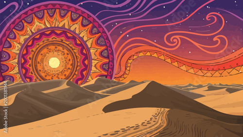 Vibrant desert landscape illustration with stylized sun, swirling patterns in the twilight sky, and sand dunes with footprints