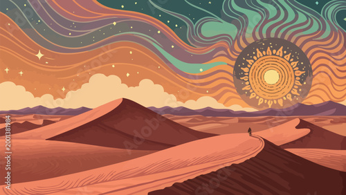 Mystical desert landscape with a lone traveler under a vibrant, wavy sky and stylized sun