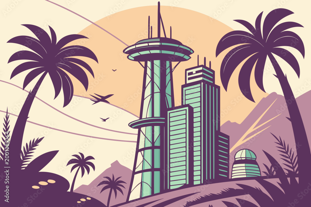 Obraz premium Futuristic Tropical City Tech Gradient Illustration Sci Fi Urban Concept