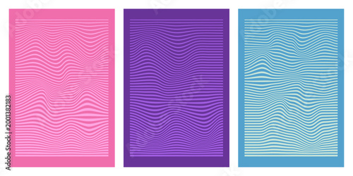 Minimal Moiré Wave Line Posters with Flowing Distortion Pattern in Pink, Purple and Blue Tones
