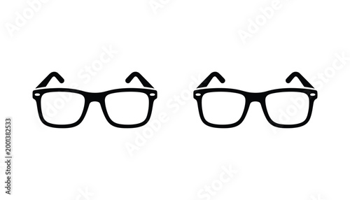 Eyeglasses icon set with thick frames in linear and solid black styles for optical or fashion themes