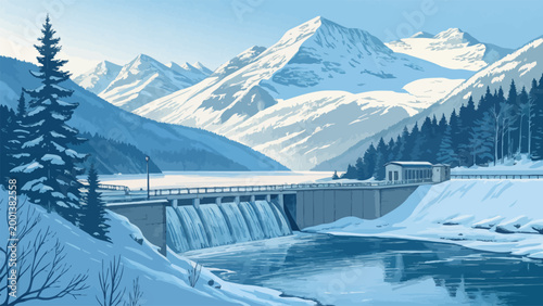 Winter landscape with a dam and waterfall in the snowy mountains, scenic view of a frozen reservoir and pine forest in a cold alpine environment