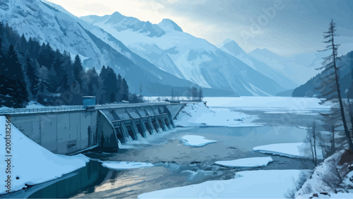 Winter landscape with a dam and a frozen lake surrounded by snowcovered mountains in the alps, scenic view of a hydroelectric power plant in winter