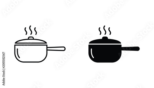 Cooking pot with steam icon set in outline and solid black style for kitchen and culinary design projects