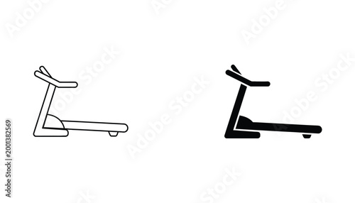 Treadmill fitness icon set for gym and exercise equipment in linear and solid black styles for health design