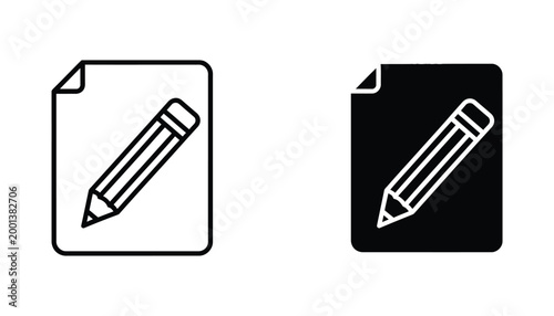 Document page with pencil icon set in line art and solid black variations for writing or editing applications
