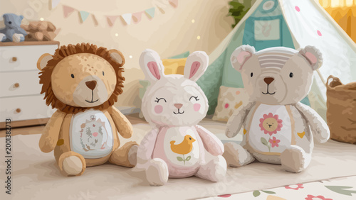 Three cute plush toys, a lion, a rabbit, and a bear, sitting together in a cozy nursery room with a play tent in the background