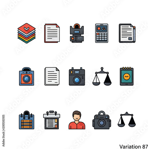 Flat line icon set featuring business law photography and office tools.