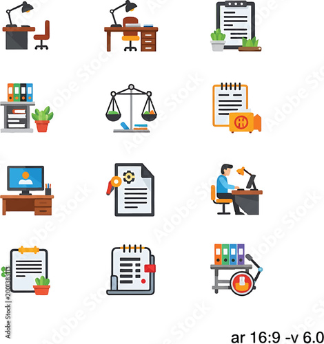 Set of Flat Legal and Office Management Icons for Business Documentation and Law Firm Branding.
