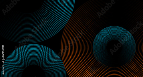 Blue and orange shiny linear circles abstract futuristic tech background. Vector minimal geometric design