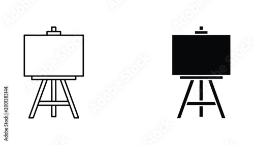 Artist easel with blank canvas icon set in line art and solid black styles for creative arts and design