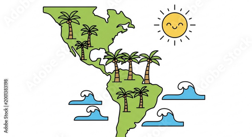 Map of Americas with palm trees and sunny weather icons tropical climate concept for travel and nature isolated on white