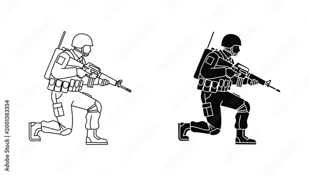 Obraz premium Military soldier icon in outline and solid style representing armed forces and tactical defense concepts for patriotic and historical design projects