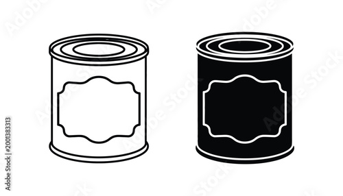 Metal food can icons in outline and solid style representing pantry storage and canned goods food industry concepts for grocery retail design