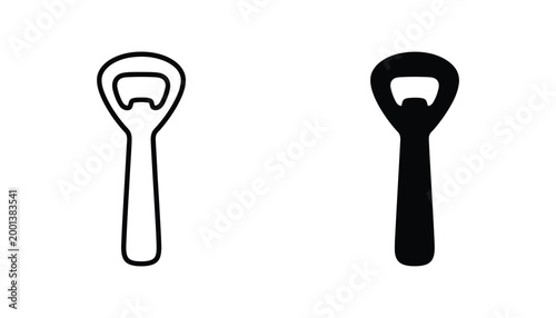 Metal bottle opener tool icon for kitchenware and bar accessories collection in solid and outline styles