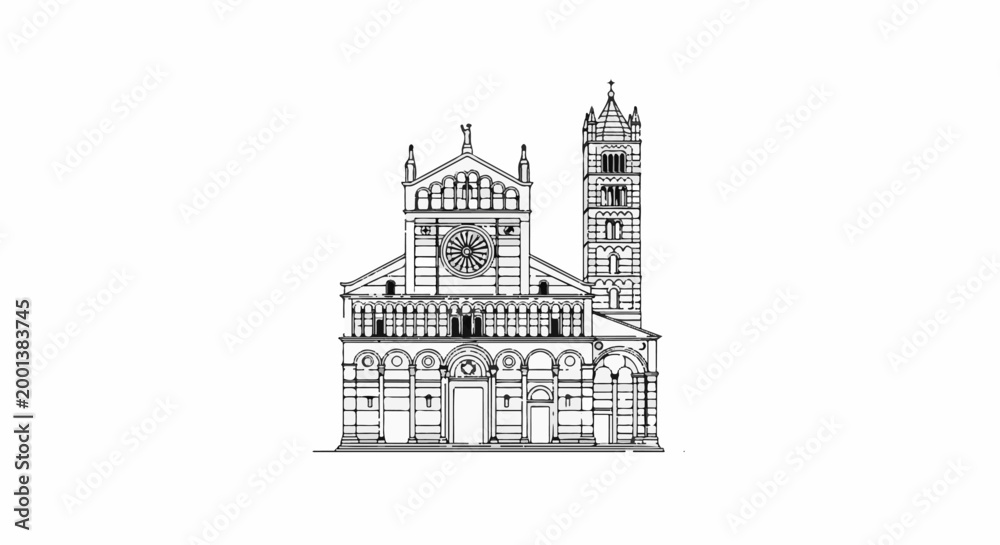 Obraz premium Detailed architectural drawing of a grand cathedral with a tall bell tower
