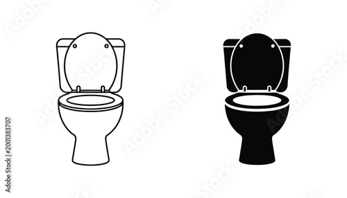 Standard bathroom toilet bowl icon set with lid up in outline and solid black vector graphic style