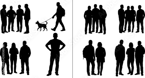Black silhouette illustrations of people and dog in groups, showing social interaction, teamwork, companionship, and diverse human postures