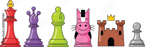 Colorful cartoon chess pieces set including king, pawns, rook castle and playful characters isolated on white, strategy game concept, fun educational illustration