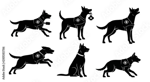 Set of Service Dog Silhouettes in Various Poses