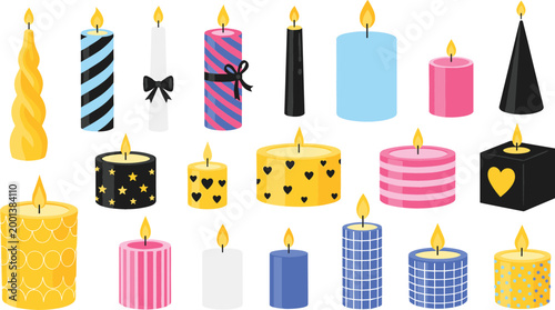 Colorful decorative candle set with various shapes patterns and styles for celebration birthday party festive holiday design vector illustration collection