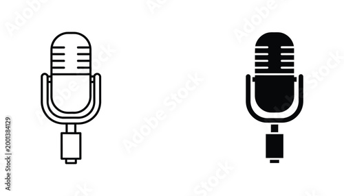 Retro studio microphone icon set for audio recording and broadcast communication in sleek black silhouette and clean outline design for podcasting or media production