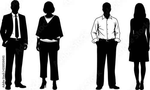 Business and casual people silhouettes set with men and women standing in different outfits isolated on white background
