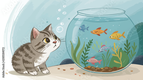 Cute cartoon kitten sitting and looking at a fishbowl with colorful fish, whimsical illustration of a cat observing aquatic life in a glass bowl