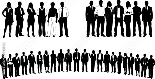 Business people silhouettes collection showing large group of professionals in formal attire standing together isolated on white background for corporate design