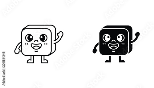 Happy square character waving hand vector set showing outline and solid black silhouette styles for animation and mascot design