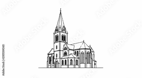 Detailed black and white line drawing of a Gothic church building
