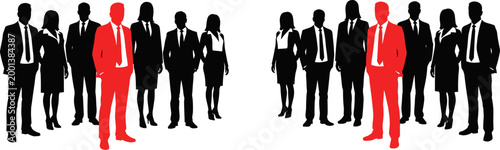 Business team silhouettes with highlighted leader in red standing among group of professionals isolated on white background for leadership concept